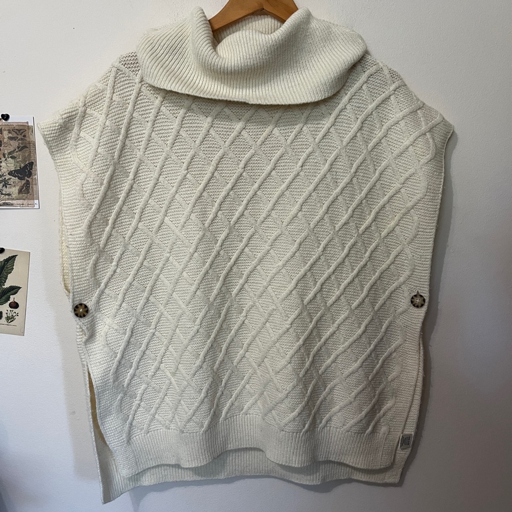 Cable knit Turtleneck Wool Blend Poncho One Size Ivory